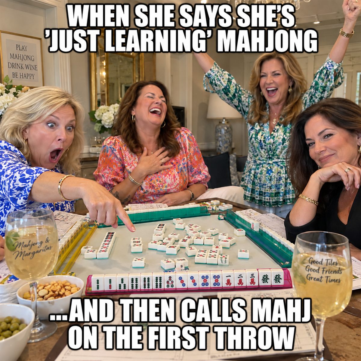 Four women laughing around a Mahjong table