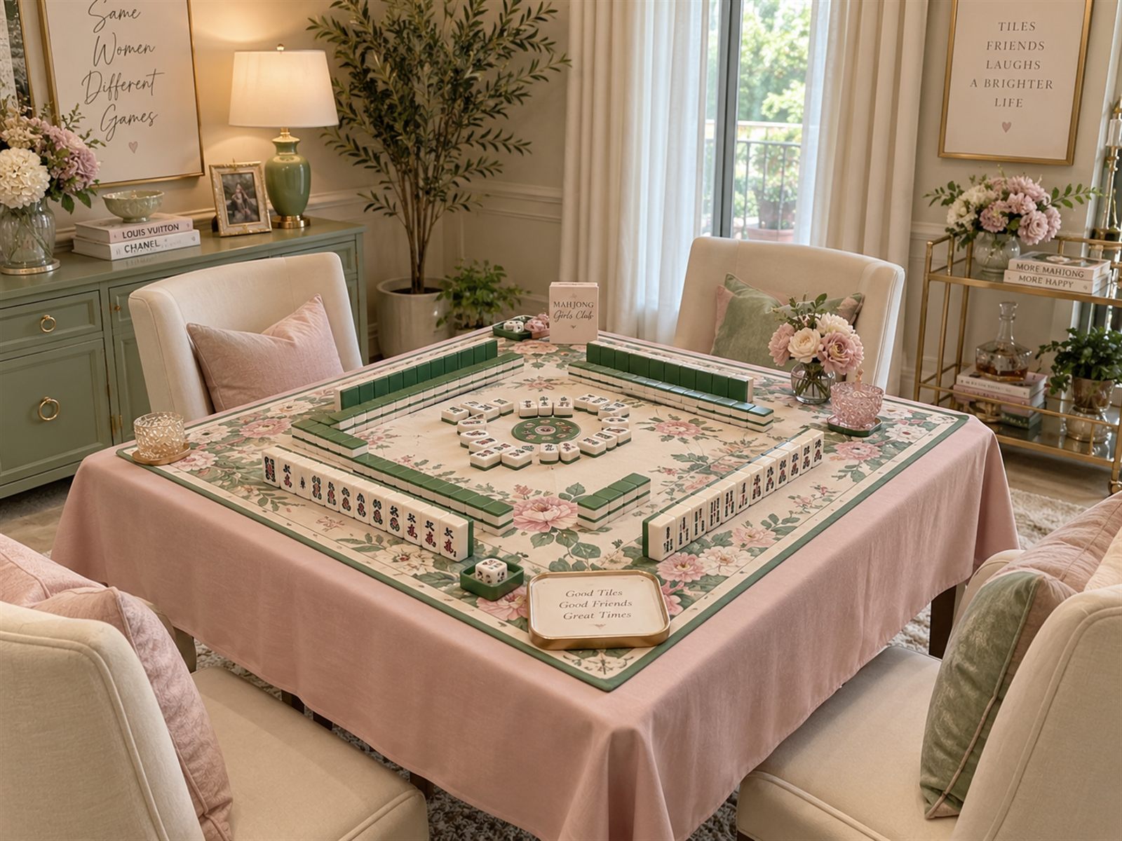 Sage and blush Mahjong room with a floral mat and green tiles