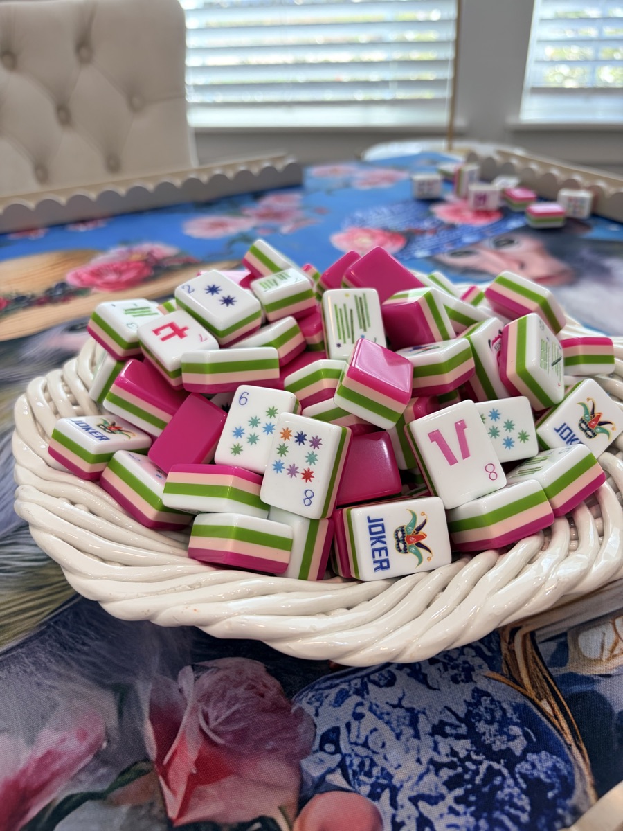 BRAND NEW Luxury American Mahjong “HOT PINK 4- layer” Tiles with Coordinated “YOU ARE MY CUP OF TEA” mat.